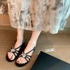 Sheepskin version~ Elegant gemstone buckle with thin strap open toe one-word strap sandals women's summer rhinestone leather flat pig cage sandals