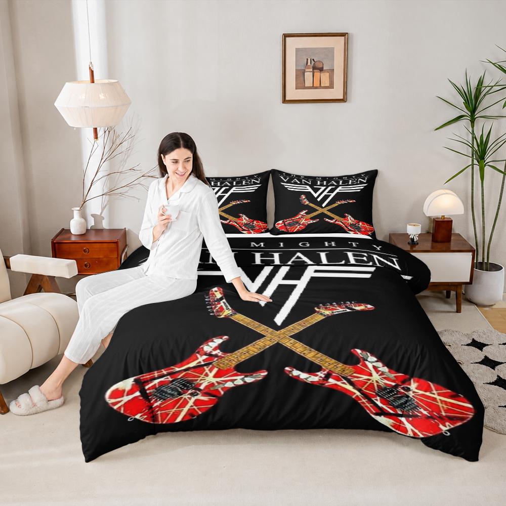 Quilt Cover Set with Pillowcases The Mighty Van Halen Crossed Guitars Rock Music College Dorm Decor