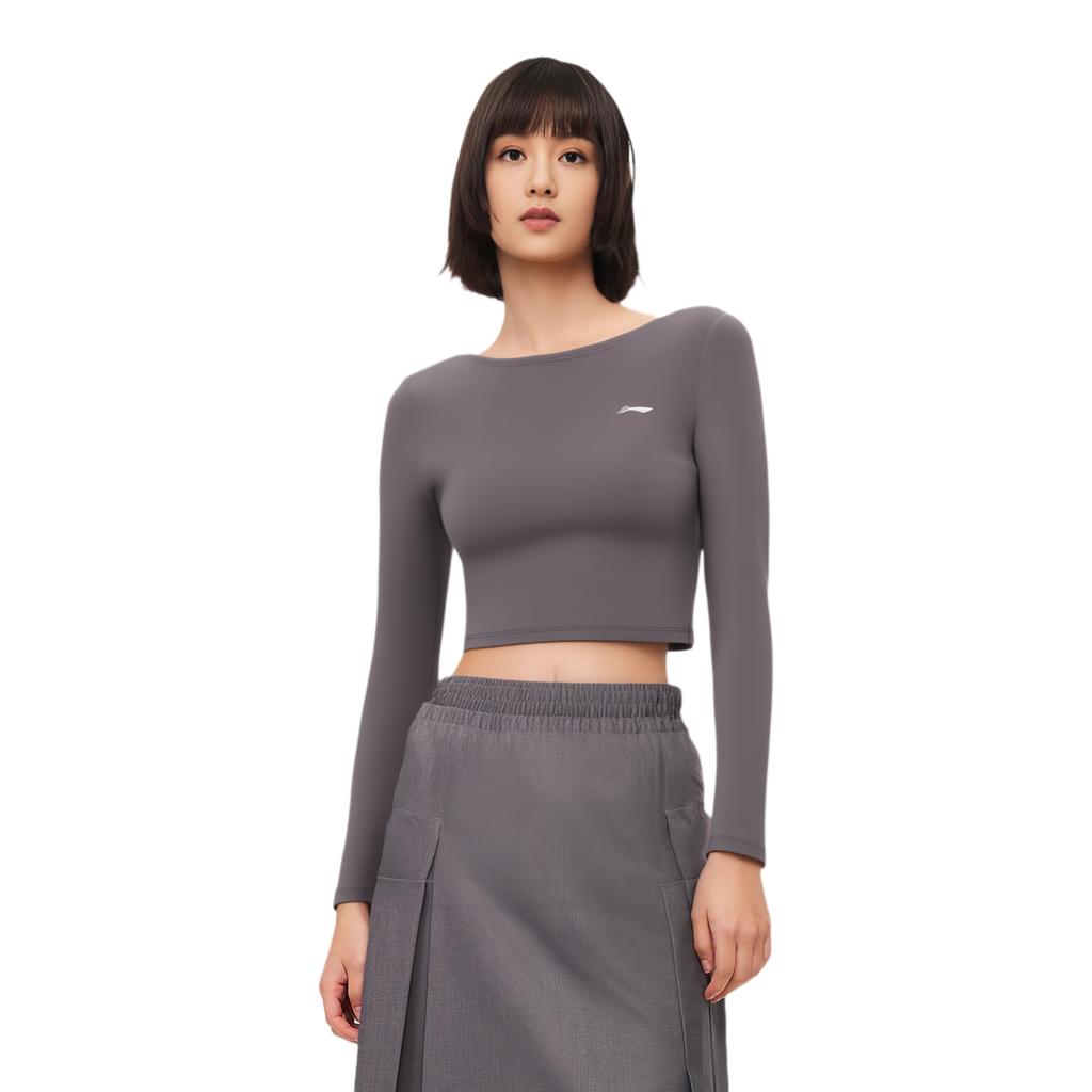 Li Ning Fitness Series Back Hollow Short Tight Workout Top Women tops Sparrow-Brown AUDR108-2