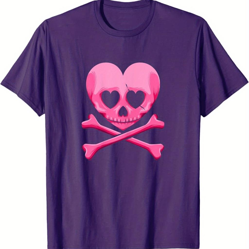 Pink Heart Skull Crossbones Graphic Tee Gothic Couples Matching Unisex Cotton T-Shirt Casual Daily