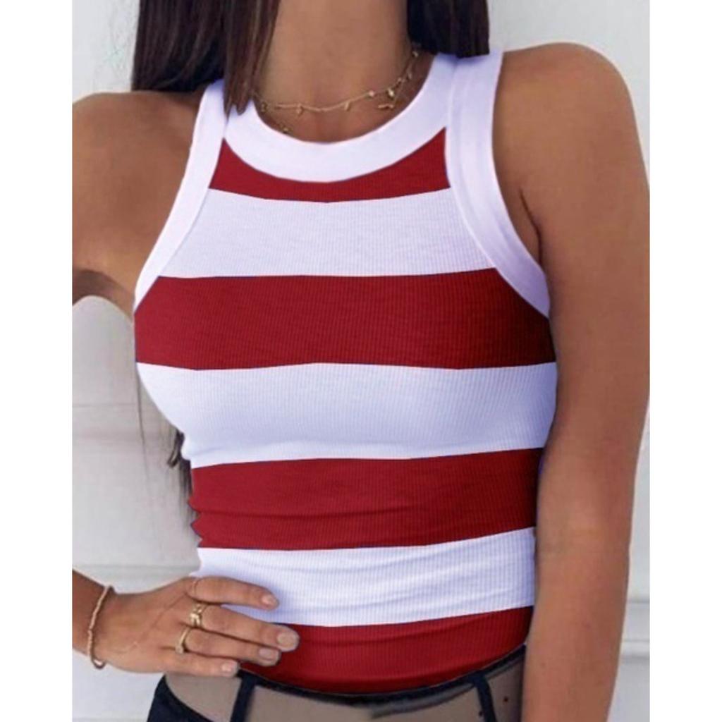 Women's Crew Neck Sleeveless Tank Top Slim Fit Striped Star Print Casual Camisole Tee