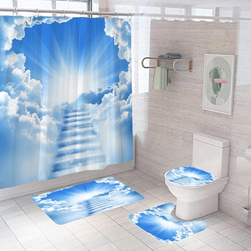 Sonniger Blauer Himmel Wolken Landschaft Duschvorhang-Sets Rutschfeste Teppiche Badvorleger Toilettendeckelbezug Wasserdicht Polyester Badezimmerdekoration