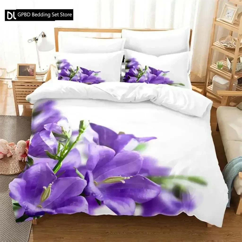 Lila Blumen Königin Bettwäsche Set Für Schlafzimmer Weich Modern Bettüberwürfe Bequem Kinder Bettbezug Steppdeckenbezug Und Kissenbezug