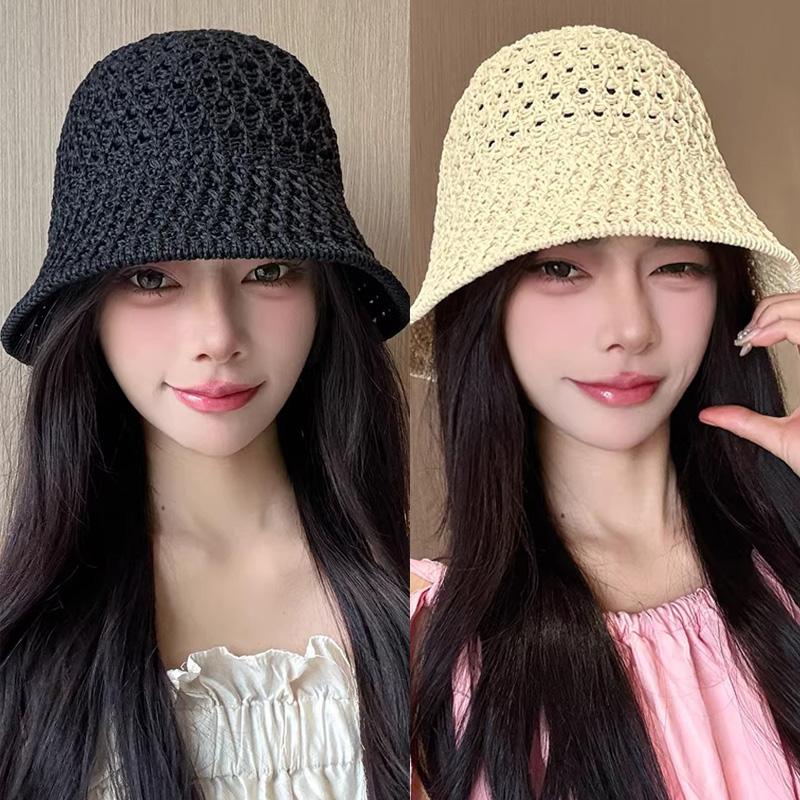 2026 New Thin Knitted Hollow Bucket Hat Female Casual Breathable Summer Sun Protection Fisherman Cap Spring Sunshade Buckets