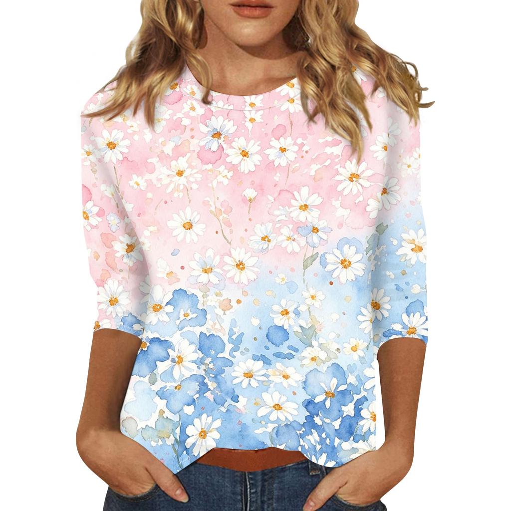 Women's Casual Floral Print Round Neck Three Quarter Sleeve Top Lightweight Comfortable Fit Suitable for Everyday Wear
