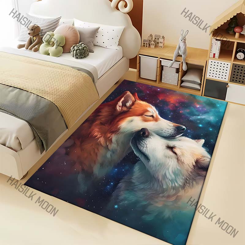 1PC Two wolves nuzzling in starry cosmos Print Carpet for Living Room Bedroom Sofa Home Decor Rus Non-slip Floor Mat Luxury Gift