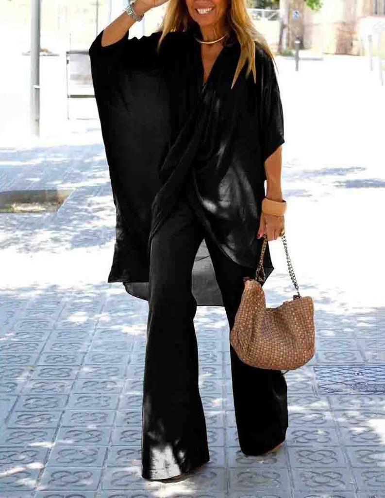 MAITA Spring/Summer Women Casual Loose Tulle Doll Sleeves Cotton Linen Blouse Top Wide Leg Pants Solid Color Two Piece