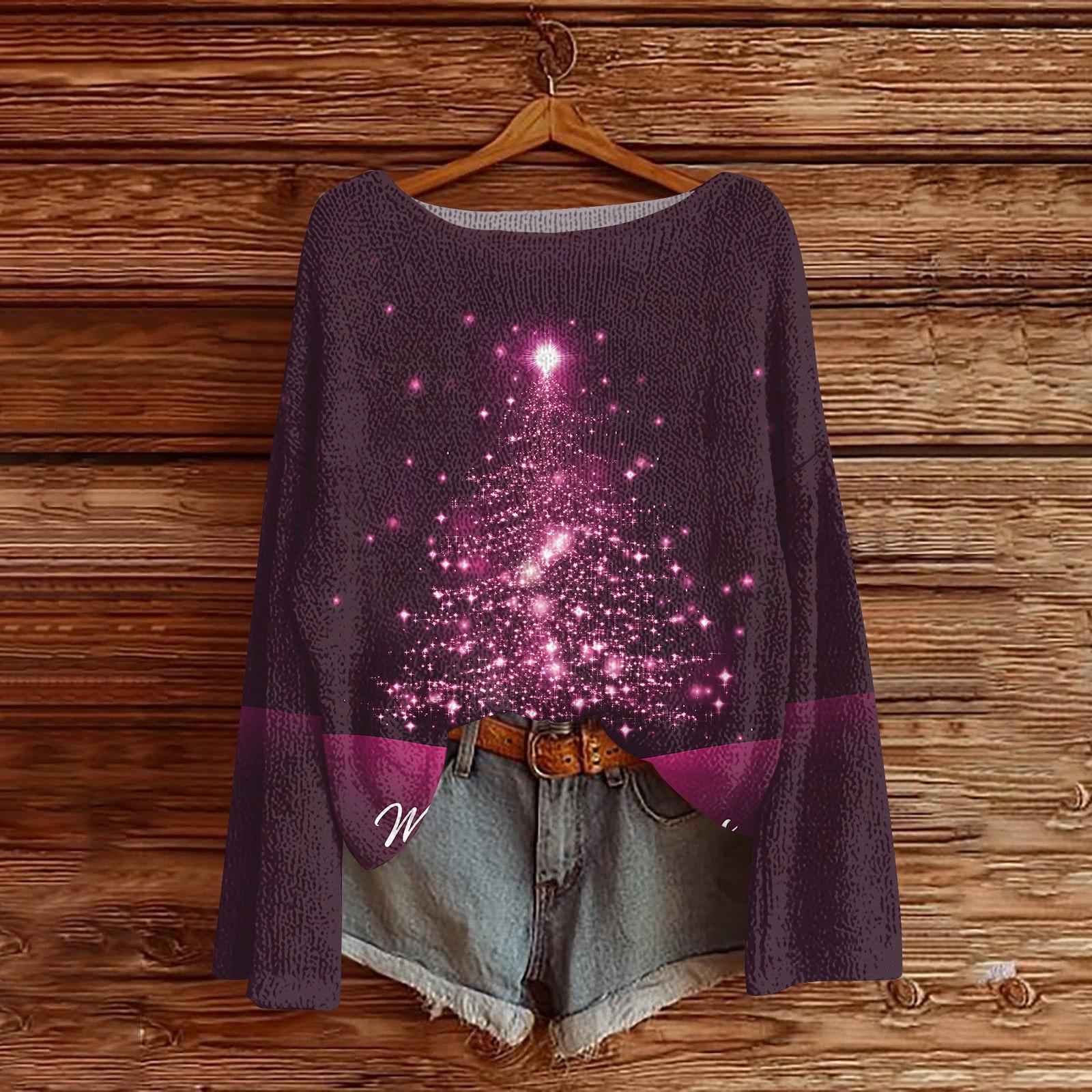 

Women s Round Neck Lightweight Sweater Casual Long Sleeve Christmas Print Knit Pullover. M