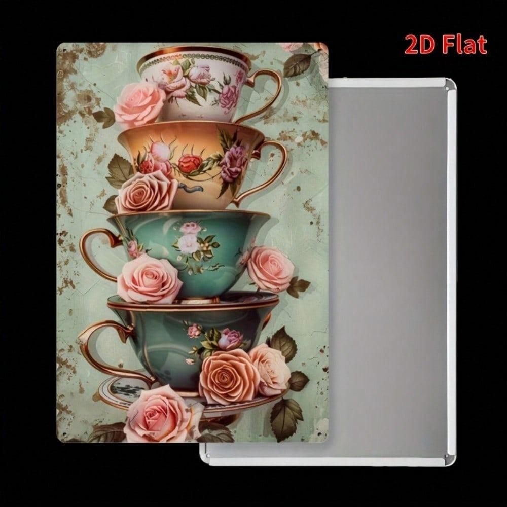 Vintage Floral Metal Wall Art Teacup Decor for Home Cafe