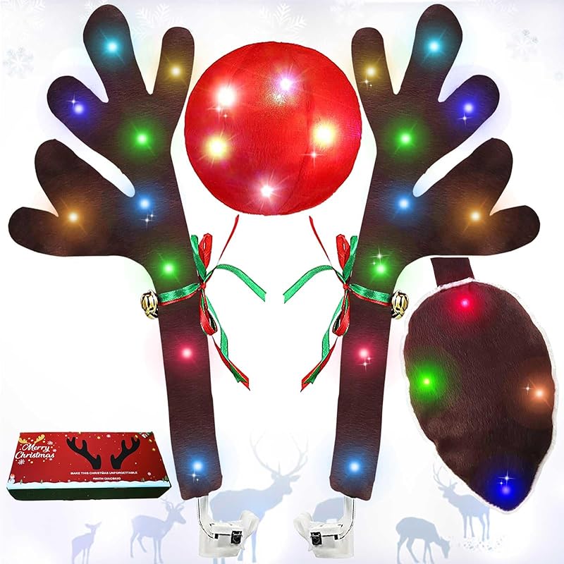 Reindeer Antlers For Cars – LED 2025 Christmas Car Decorations Kit With Jingle Bells, Nose, Tail, Multicolor Light-Up Rudolph Xmas Decor For SUV,
