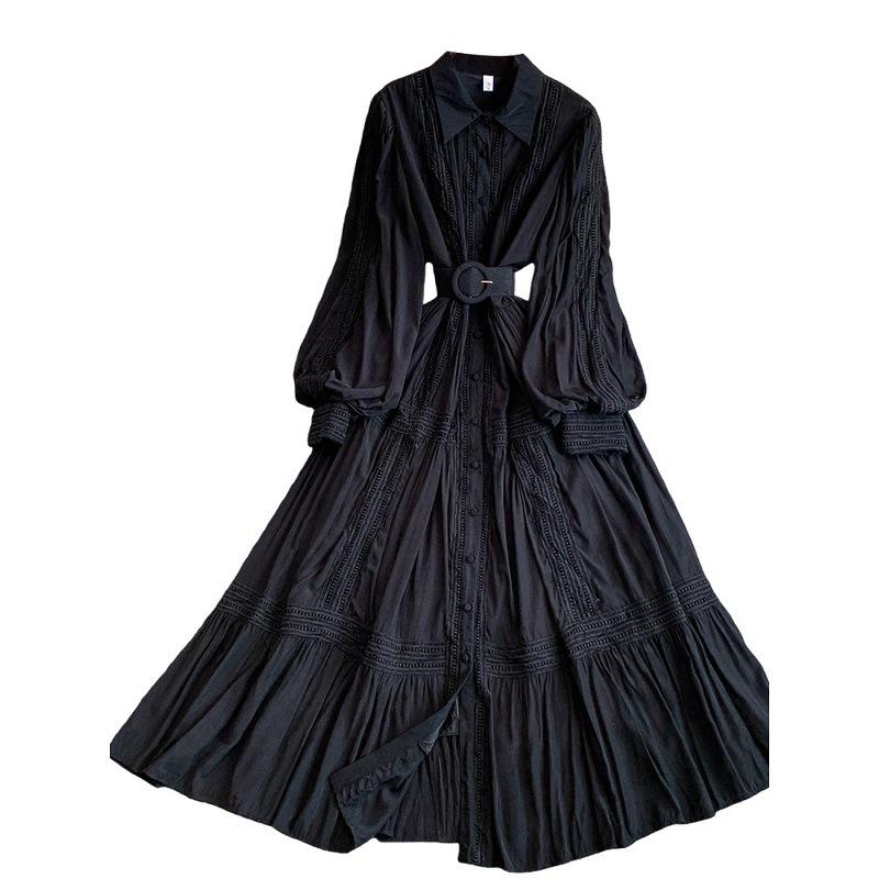 Gentle Wind Retro Sweet Lace Splicing Lantern Sleeve Dress Women's Spring and Autumn Breasted Waist Pendulum Elegant Long Dress