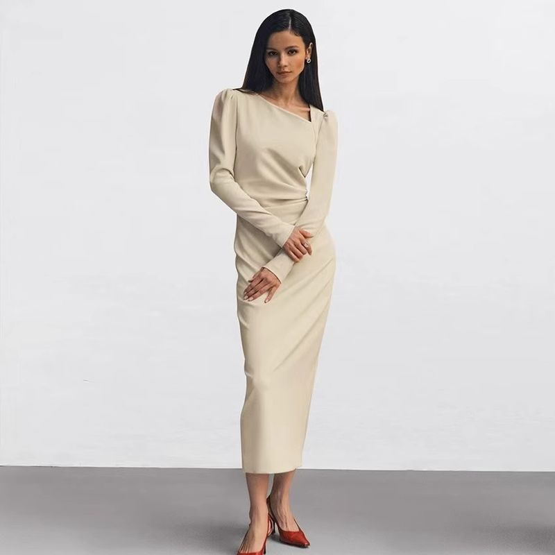 New Russian Irregular Collar Long sleeve Split Dress Ircollar Regular Slit Dress