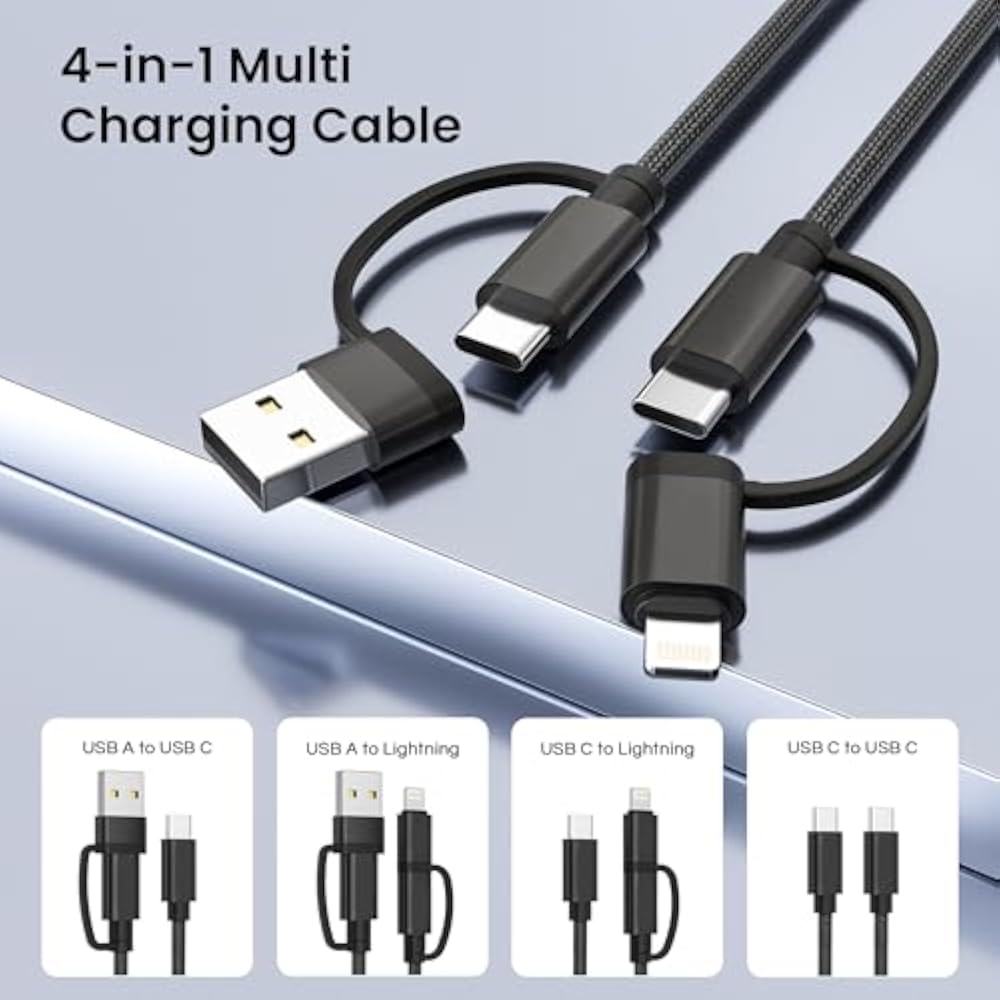 Basesailor 4 in 1 USB Type C Charging Cable 3M 60W Fast Charging Cord Type C Lightning Micro USB ...