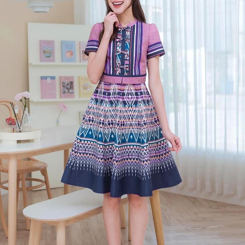 ZANZEA Women Stand Collar Casual Short Sleeve Retro Print A-line Dress