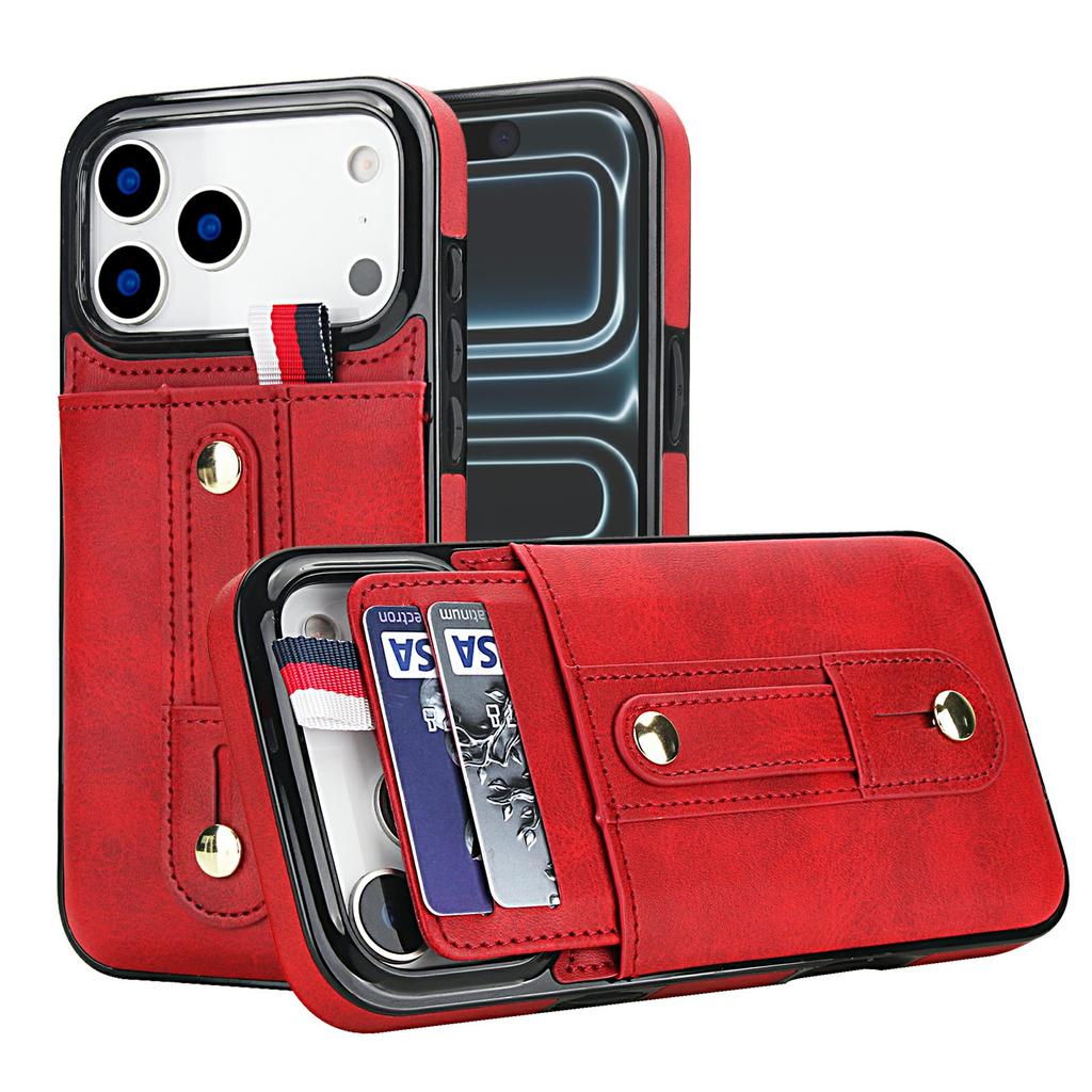 For iPhone 17 Pro Case PU Leather+TPU Hidden Card Holder Drop-proof Phone Cover with Kickstand