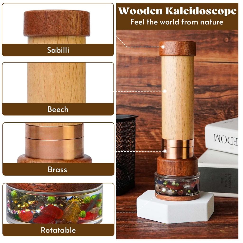 Growth Rings Wooden Nature Kaleidoscope Kit, Handmade Brass Rotatable Oil-Filled,Vintage Gift Box,Anniversary Birthday Gift
