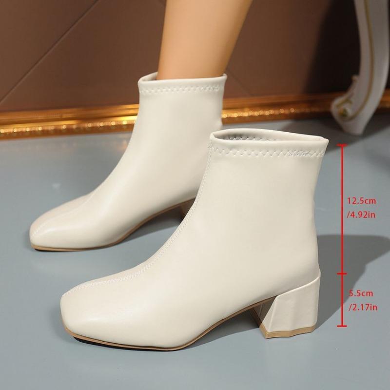 Square head thick heel women's leather boots autumn and winter new zipper small thin boots fashion leather boots