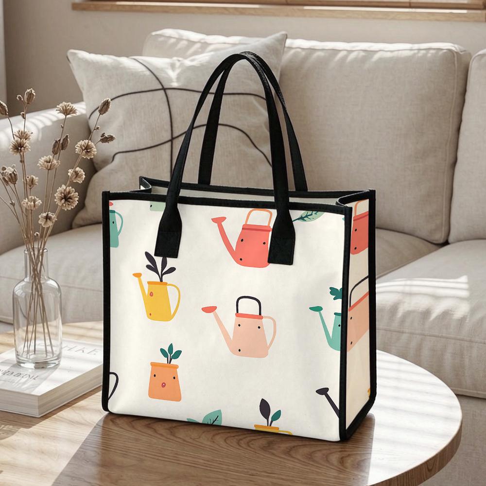 Cute Cartoon Watering Can Printed Tote Bag Portable Casual Daily Handbag for Shopping Travel and Work