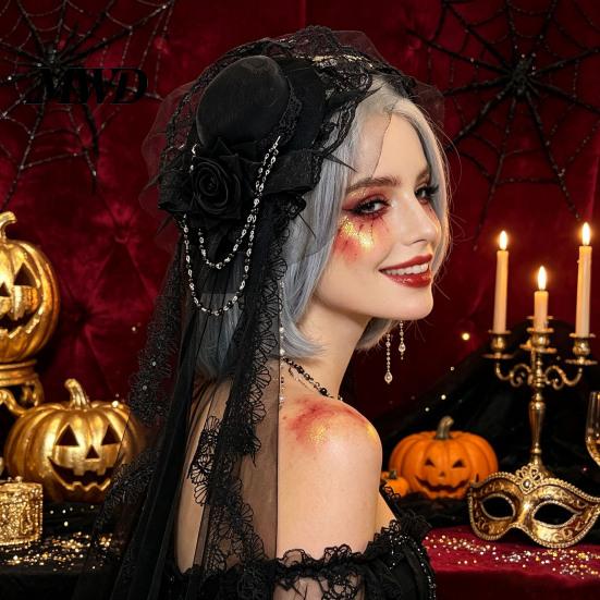Festival Party Hair Piece Gothic Halloween Headdress with Rose And Chain Decoration, Mini Bowler Hat, Retro Clip Small Top Hat for Cosplay Masquerade