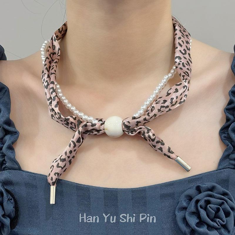 Maillard Bead Leopard Print Scarf Necklace, Fashionable and Versatile Necklace