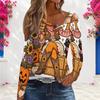 Women Plus Size Asymmetric Cutout Neck Cold Shoulder Long Sleeve Cartoon Panda Halloween Print Top