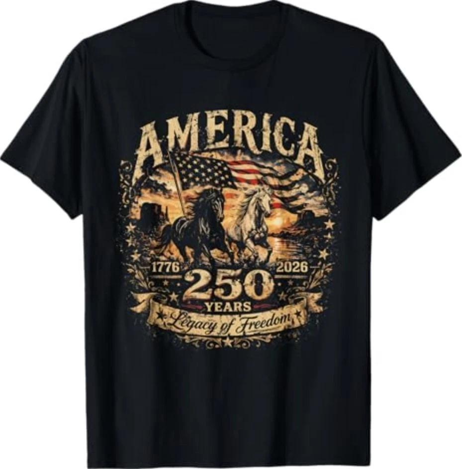 America 250 Years Legacy of Freedom Patriotic Horse USA Flag T-Shirt L