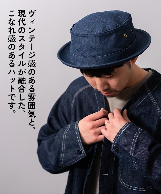 Nakota Req Hatter Denim Pork Pie and Simple Hand Size L Circumference Navy Hat, Men's Women's, Cotton, Design, Washable, Casual, Travel, Outdoor,