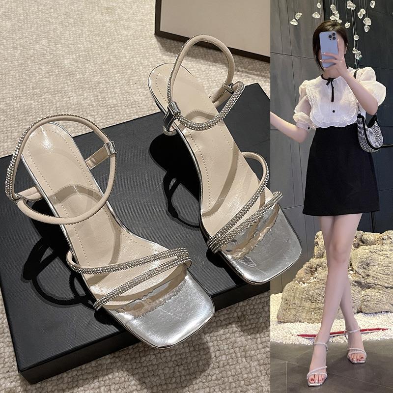 Fashion New Summer Stiletto Sandals Women's Fashion Square Head Open Toe Glitter Thin Strap Set Foot Anti-slip Wear-resistant High Heels
