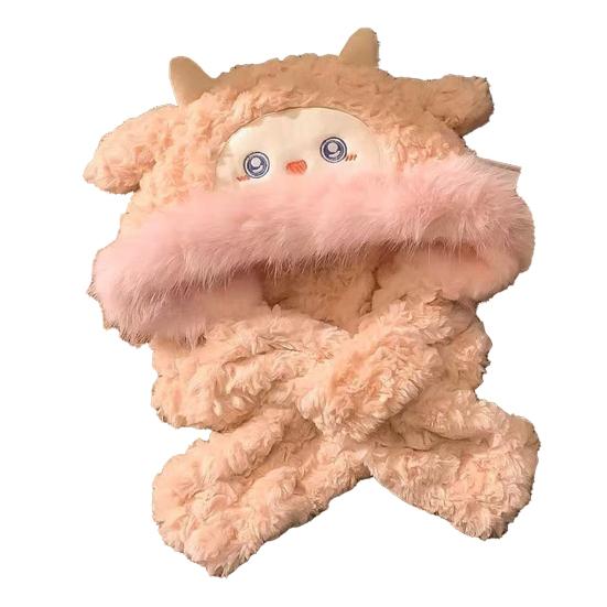 Women Hat Fox Ear Shape Thickened Plush Warm Winter Hat with Scarf Design Outdoor Activities Warm Headwear