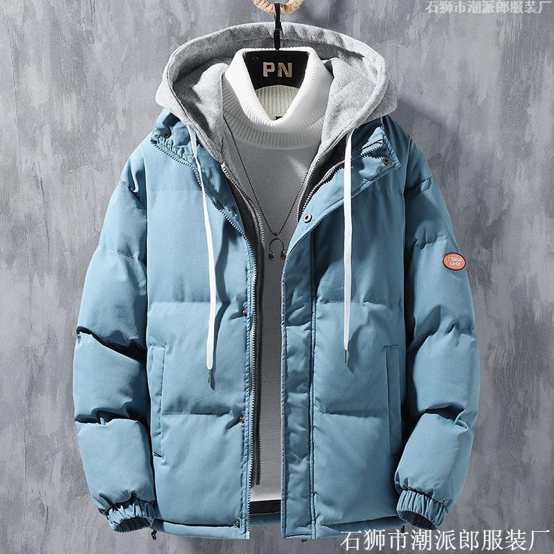 Fake two-piece cotton-padded coat for men's winter new thickened hooded couple velvet cotton-padded jacket trendy bread jacket for men