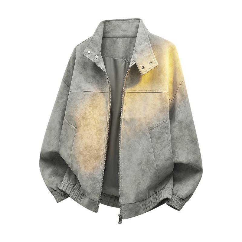 American Retro Leather Couples  Stand Collar Motorcycle Jacket - Cool, Trendy Spring Outerwear L серый