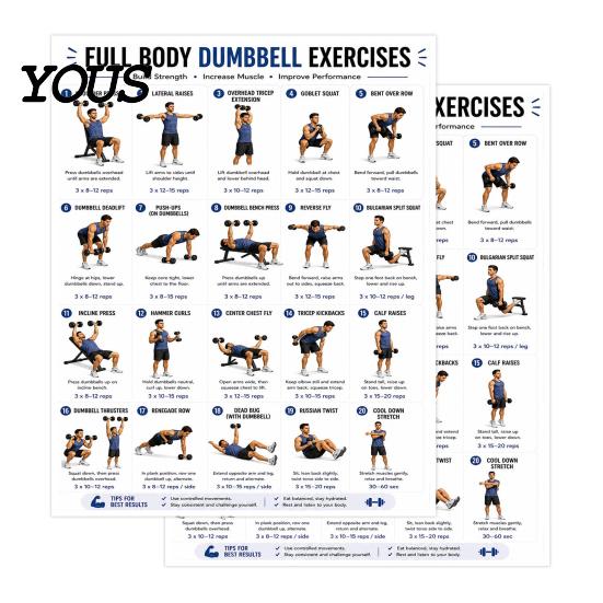 Beginner Friendly Fitness Guide 2 Pcs Dumbbell Workout Chart Poster, Full Body Exercise Training Routine Wall Art, Strength for Home Gym