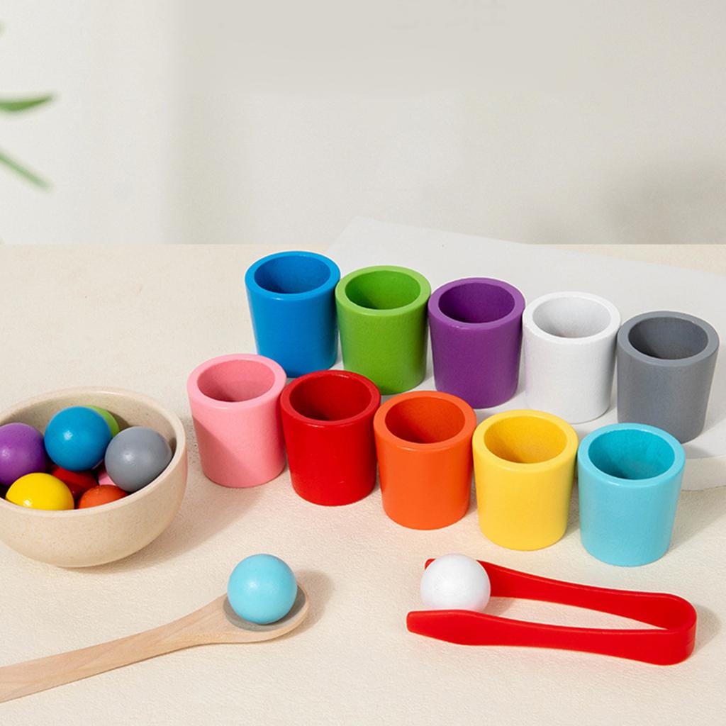 Rainbow Balls In Cups Toddler Montessori Toys Learning Color Sorting and Counting Wooden Cups and Balls Color Match Toy for Kids