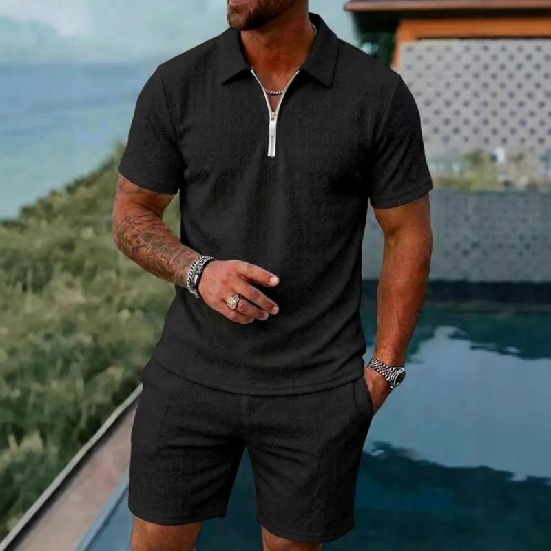 

Mens 2 Piece Waffle Knit Zip Polo Shirt and Shorts Set S чёрный