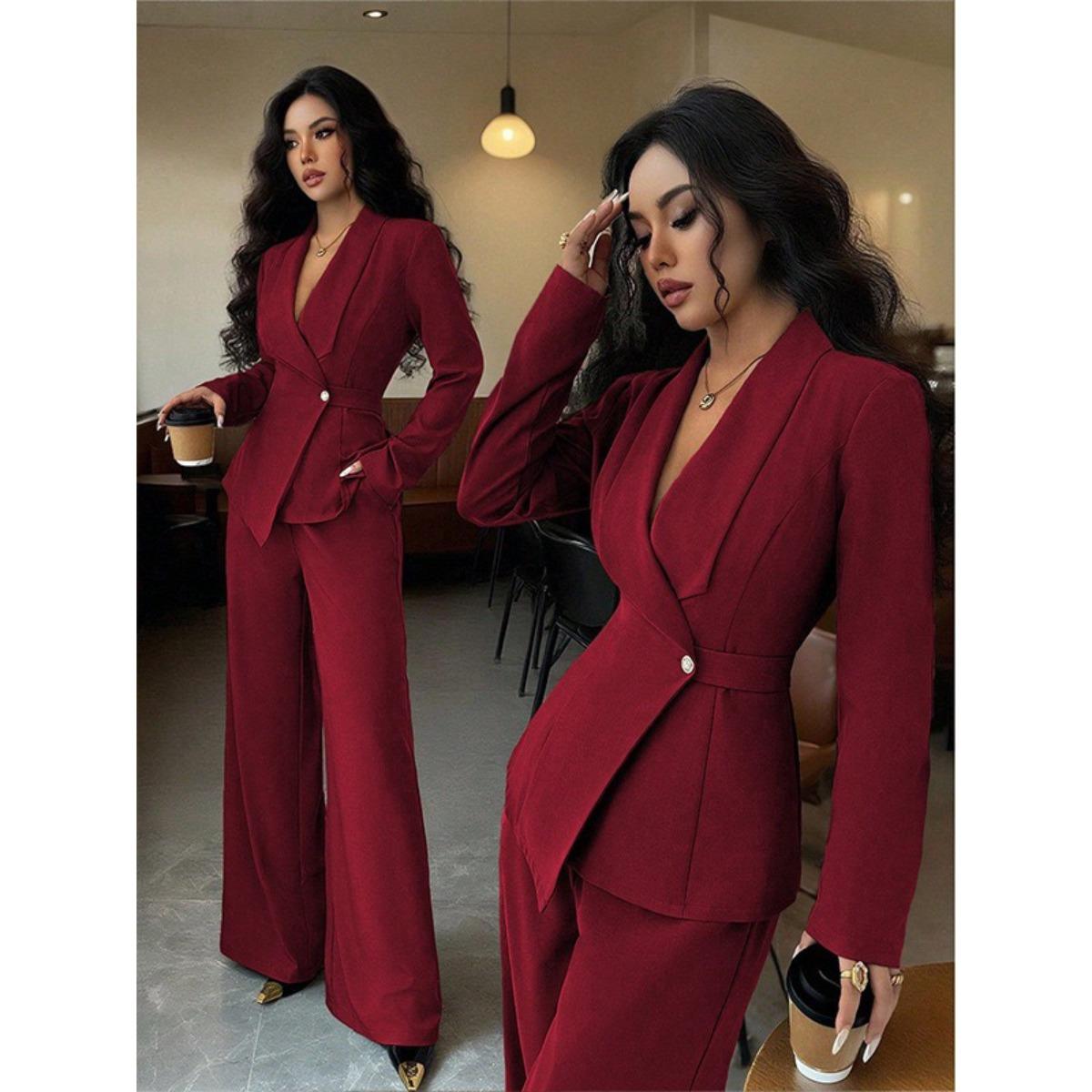 

VAYLA Женский Новый Модный Дизайн Трехмерный Крой Высокий Воротник Приталенный Костюмный Пиджак и Соответствующие Повседневные Брюки S красный