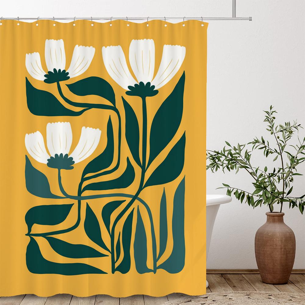 Artistic Abstract Plants and Flowers Print Shower Curtain Polyester Fabric Bath Curtain With Hooks Curtains For Bathroom Decor