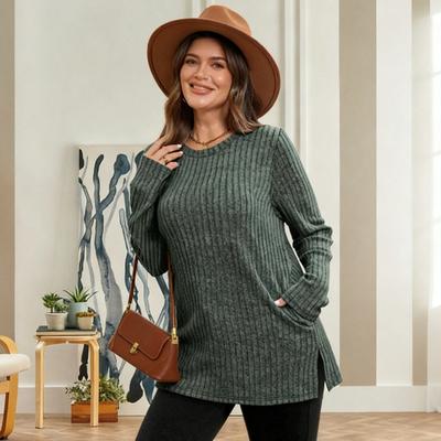 Yousheng Women Tunic Tops Round Neck Long Sleeve Knit Tops with Side Pockets Solid Color Casual Striped Blouse