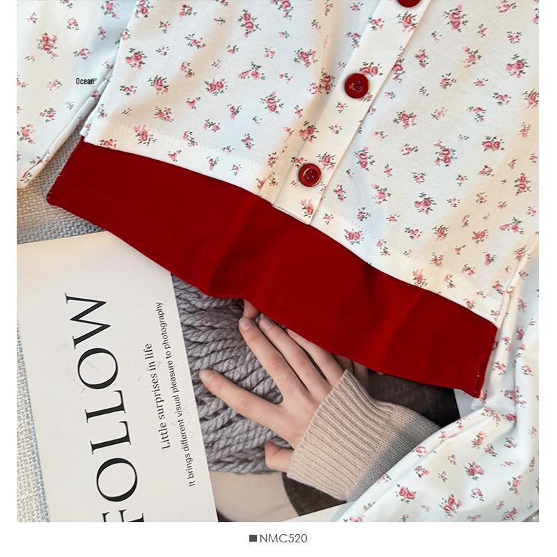 Women's Floral Button-Up Two-Piece-Style Long-Sleeve Slim Fit Top