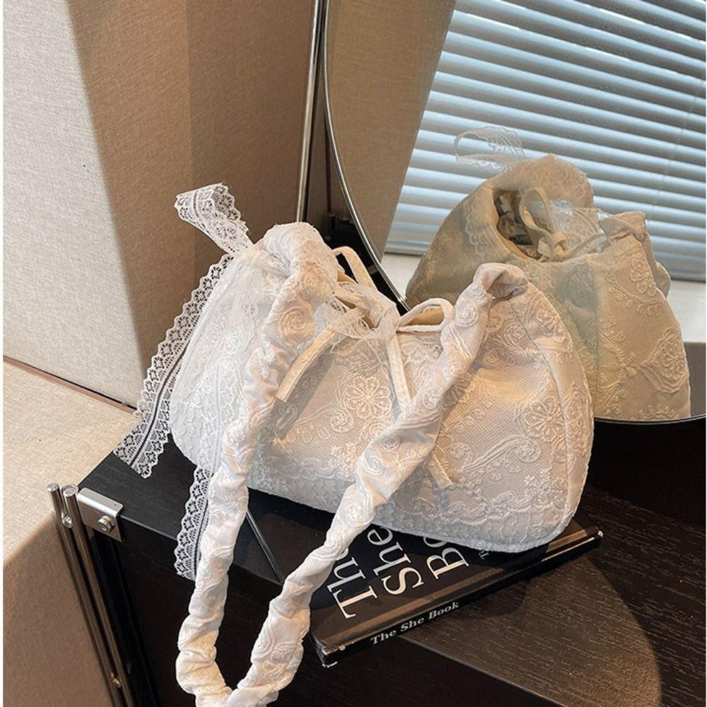 Pleated Strap Lace Shoulder Bag Tote Bag Large Capacity Bag Big Pouch Simple Canvas Handbag Women