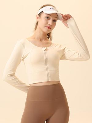 Women's Backless Long Sleeve Yoga Top with Front Zipper and Chest Pads - Quick Dry, Tight Fit for Running and Fitness