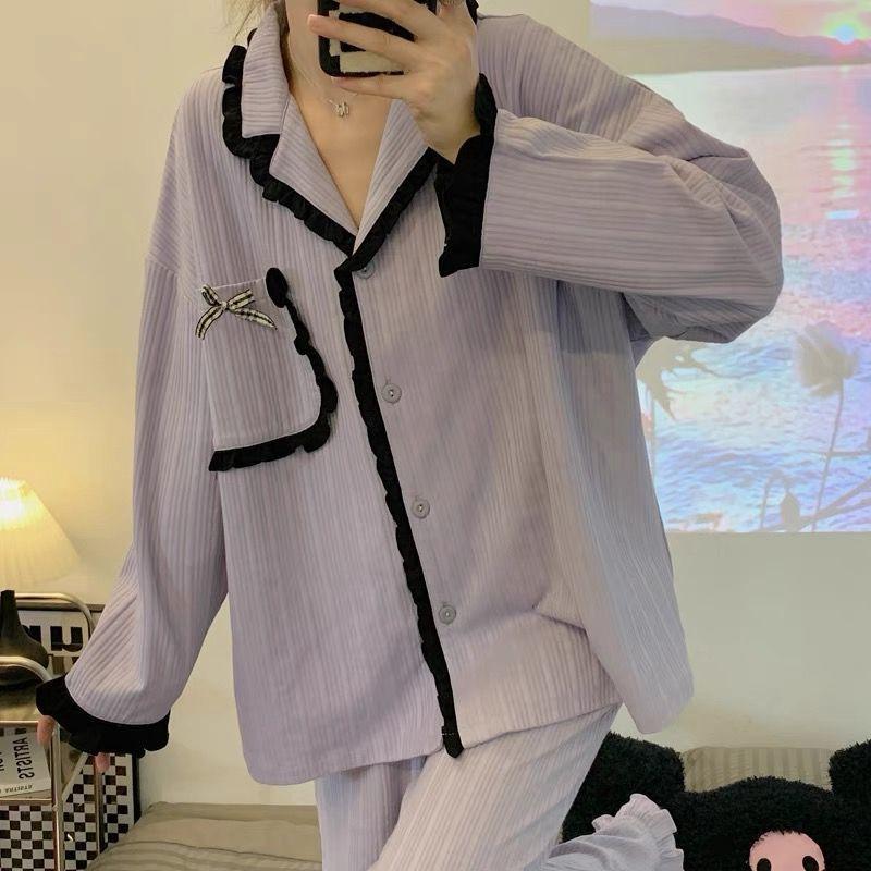 Rødrutete pyjamassett Dame Vår Høst Søt Hjemme Casual Langermet Nattøy Mote Alt-match Vintage Klær Myk