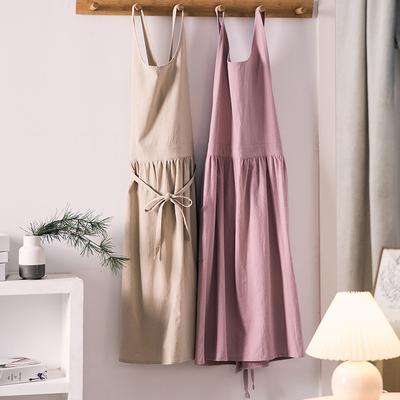 Household Cotton and Linen Round Neck Apron Japanese Korean Style Artistic Apron Kitchen Waist Skirt Work Clothes
