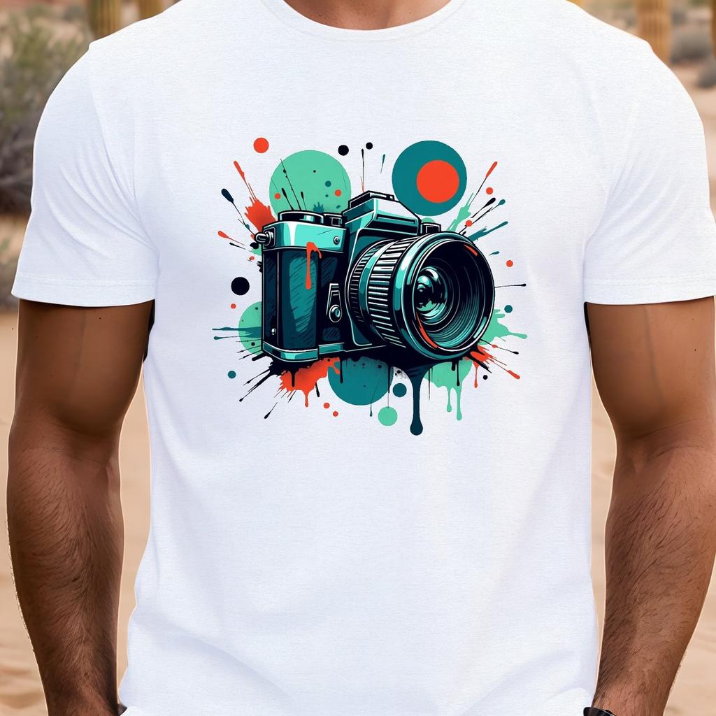 En Kreativt Designad T-shirt med Kameraprint Perfekt för Män Idealisk för Vardagskläder med Korta Ärmar Herrkläder