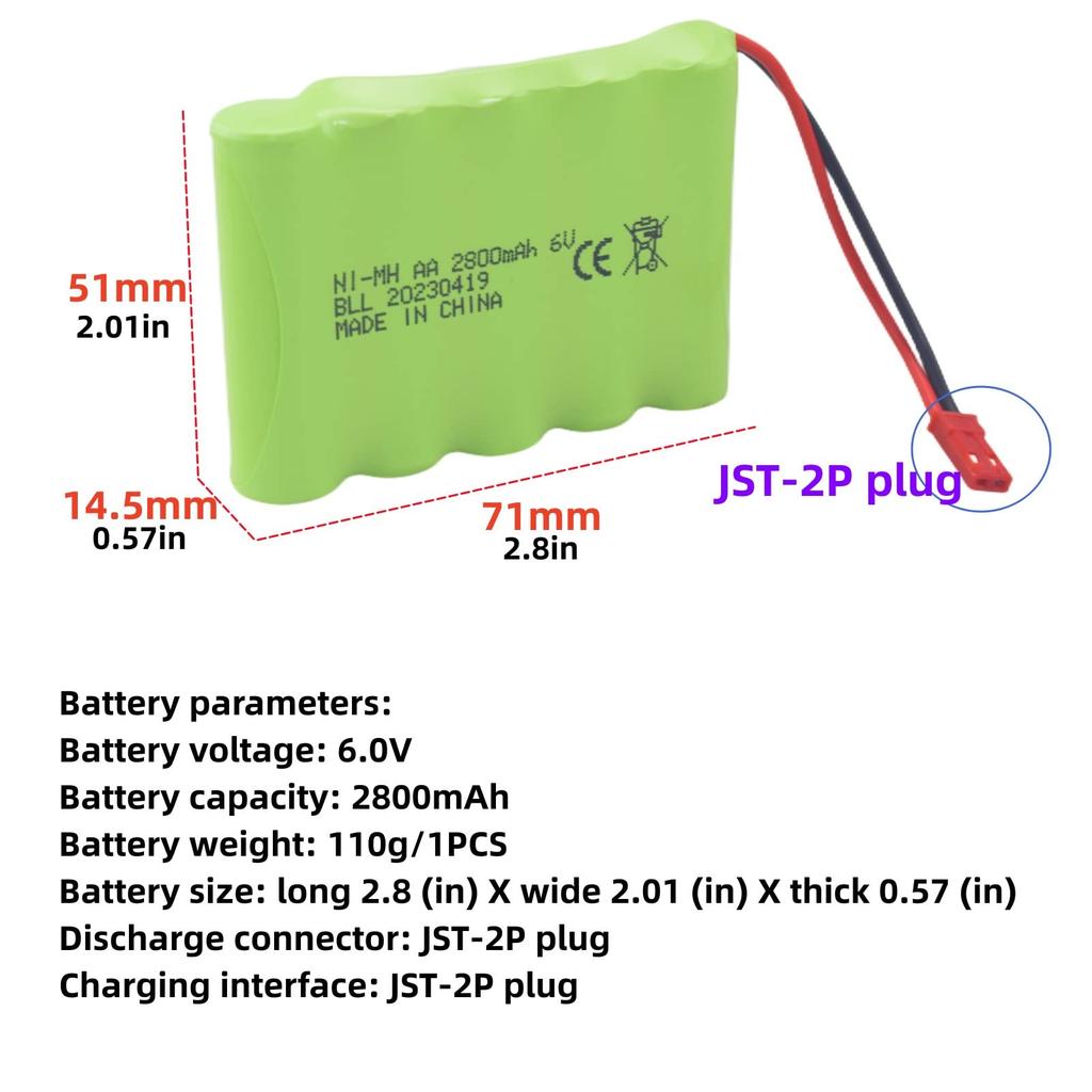 2PCS 6.0V 2800mAh AA Plug JST-2P Plug and USB Charging Cable Compatible with New Huina 540 Dump, 520 RC Bulldozer, 510 Excavator, and 540
