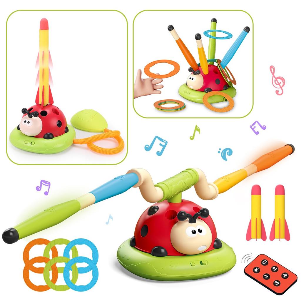 3-in-1 Ladybug Electric Toy for Kids and Toddlers, Includes Jump Rope, Rocket Launcher, and Ring Toss, with Music and Remote Control, Perfect for