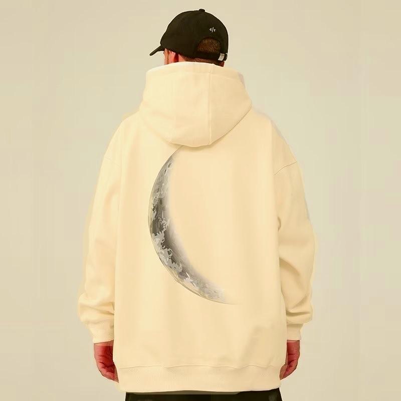 Men's Oversized Pullover Hoodie Loose American Retro Crescent Print Long Sleeve Couple Outfit Fashionable Casual Streetwear Moto