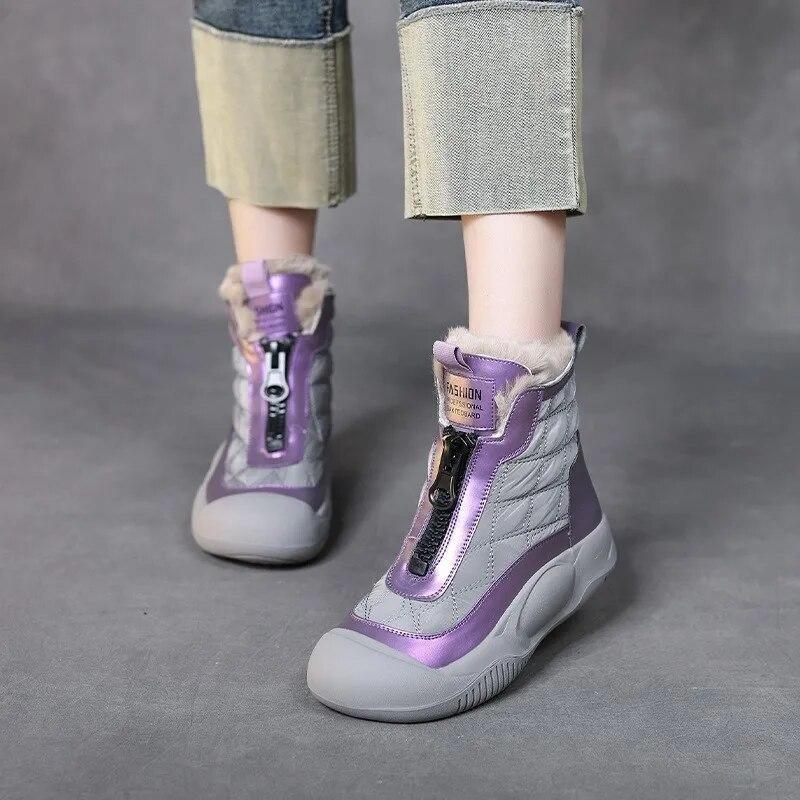 Johnature Fashion Snow Boots Women's Mixed Colors Plush Flat Shoes Casual Warm Versatile Soft Sole Short Boots