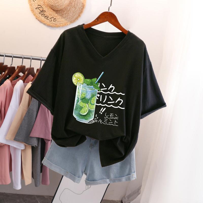 Kurzärmeliges T-Shirt für Damen Große Größe Lockeres und Schlankmachendes Design Nische Reine Baumwolle V-Ausschnitt Oberteil, das den Bauch bedeckt