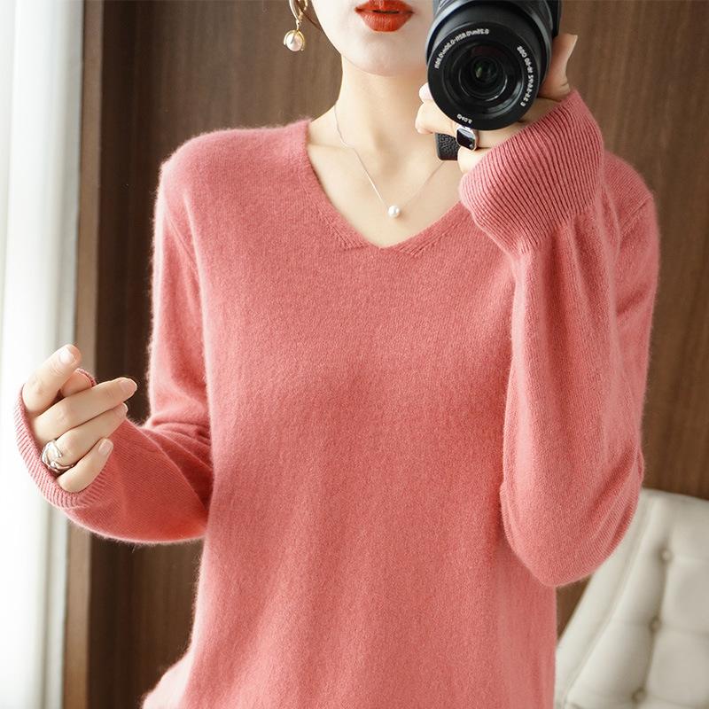 Women's V-Neck Knit Sweater Long Sleeve Loose Solid Color Pullover