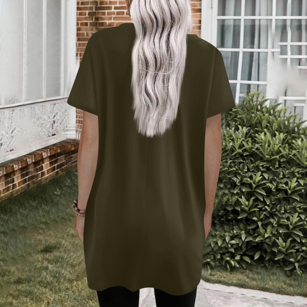 Womens Tops V-neck Short Sleeve Blouses Casual Mid-length Shirts Fashion Print Tunic Tops With Pockets